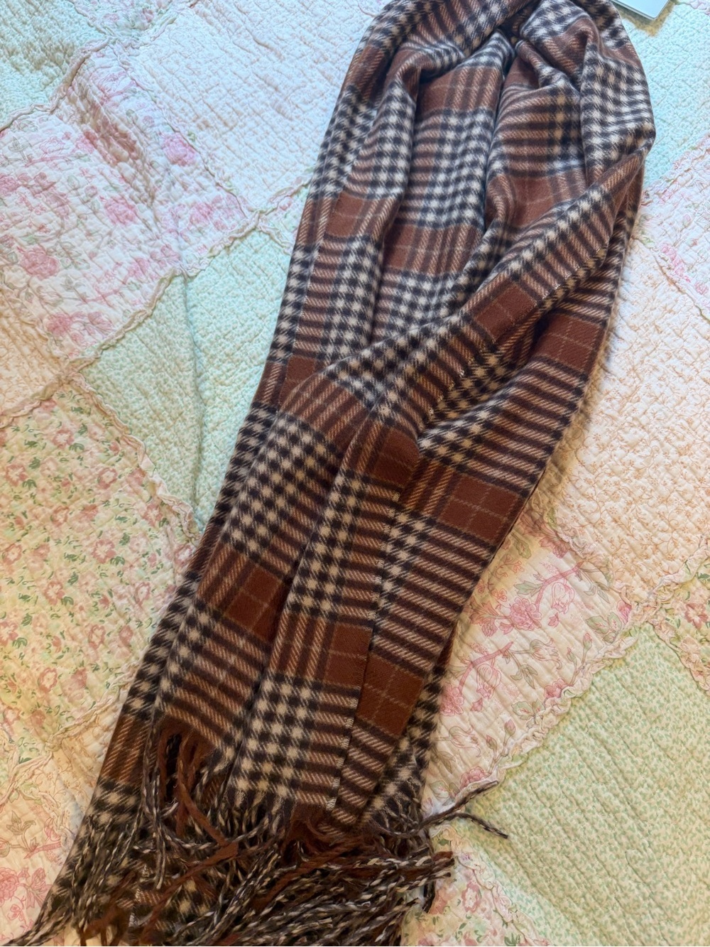 Plaid Fringe Scarf in Brown and Cream